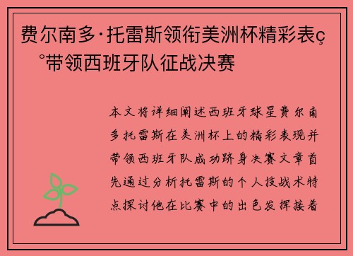 费尔南多·托雷斯领衔美洲杯精彩表现带领西班牙队征战决赛