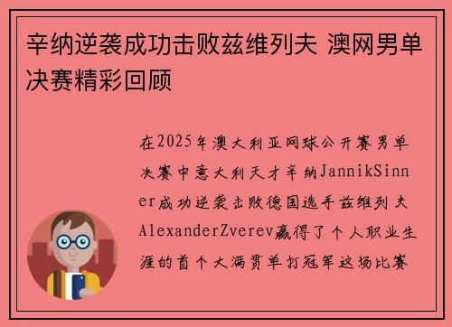 辛纳逆袭成功击败兹维列夫 澳网男单决赛精彩回顾